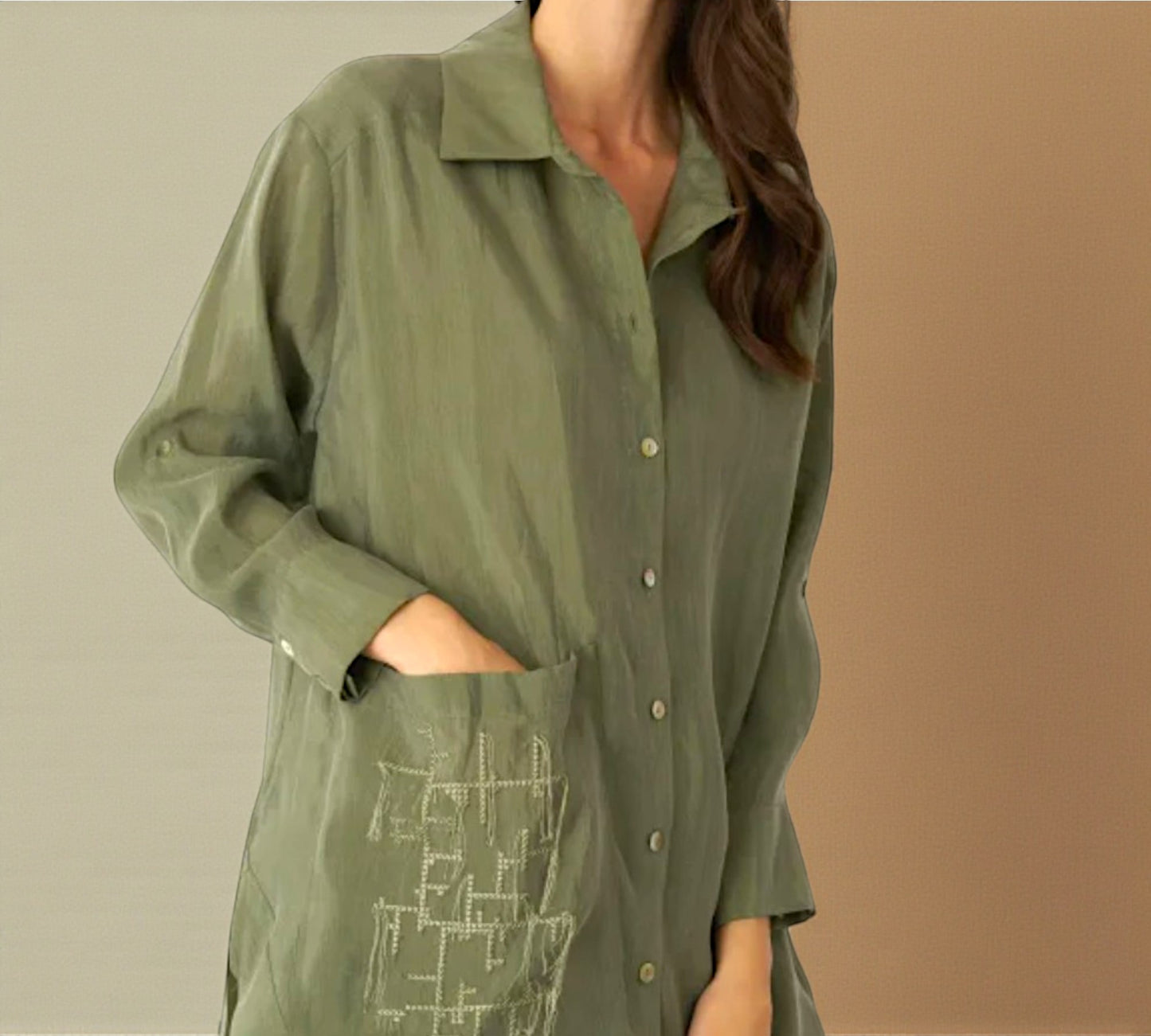 Bize Sage Green Oversized Shirt with Artistic Pocket Detail - Above the Crowd Boutique