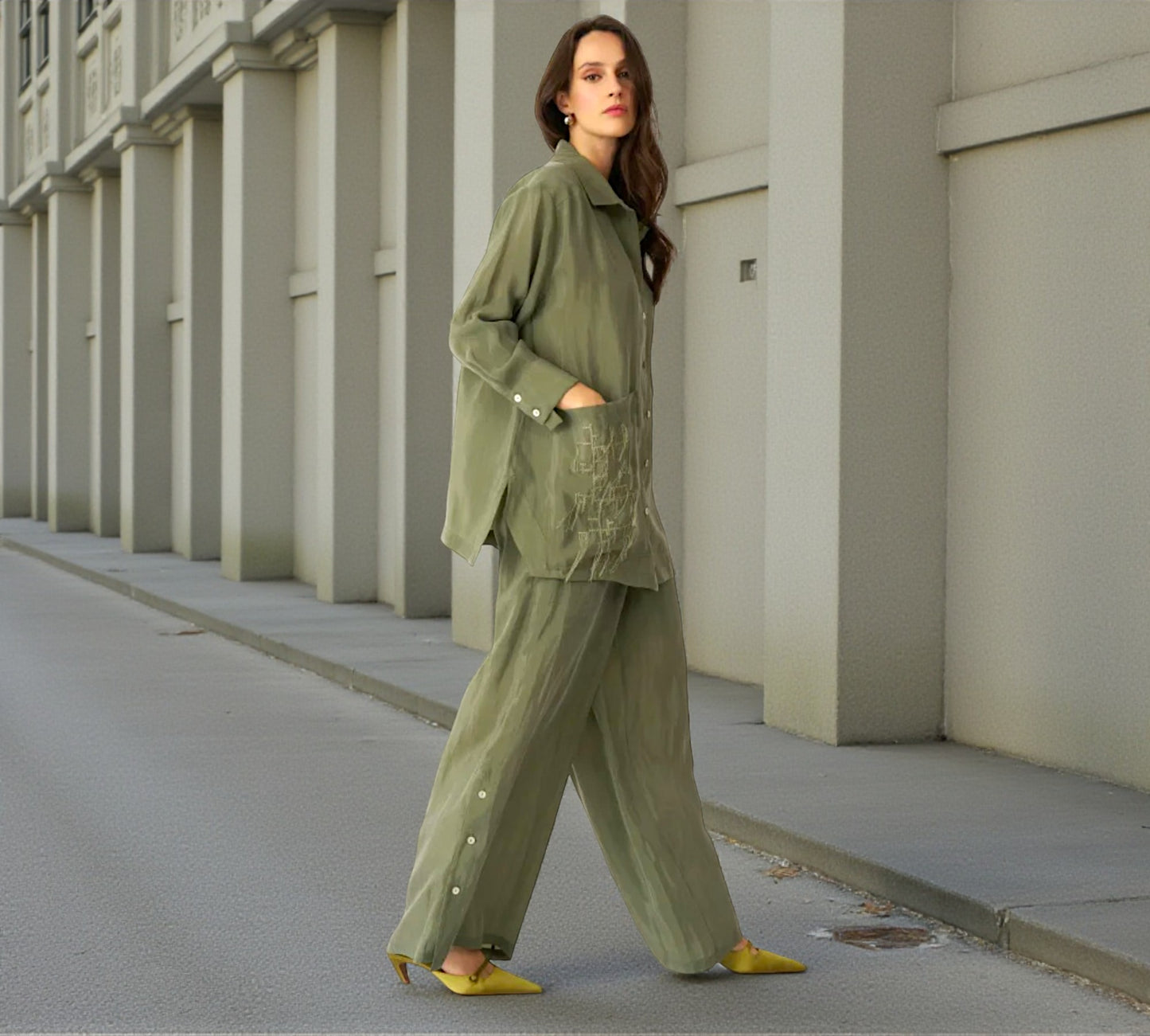Bize Sage Green Oversized Shirt with Artistic Pocket Detail - Above the Crowd Boutique