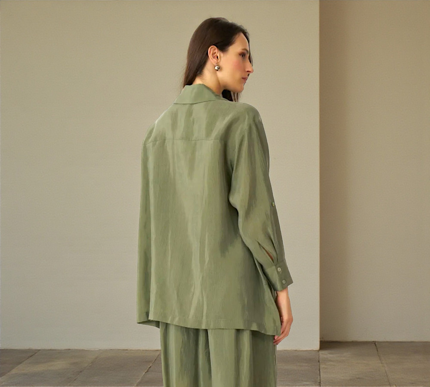 Bize Sage Green Oversized Shirt with Artistic Pocket Detail - Above the Crowd Boutique