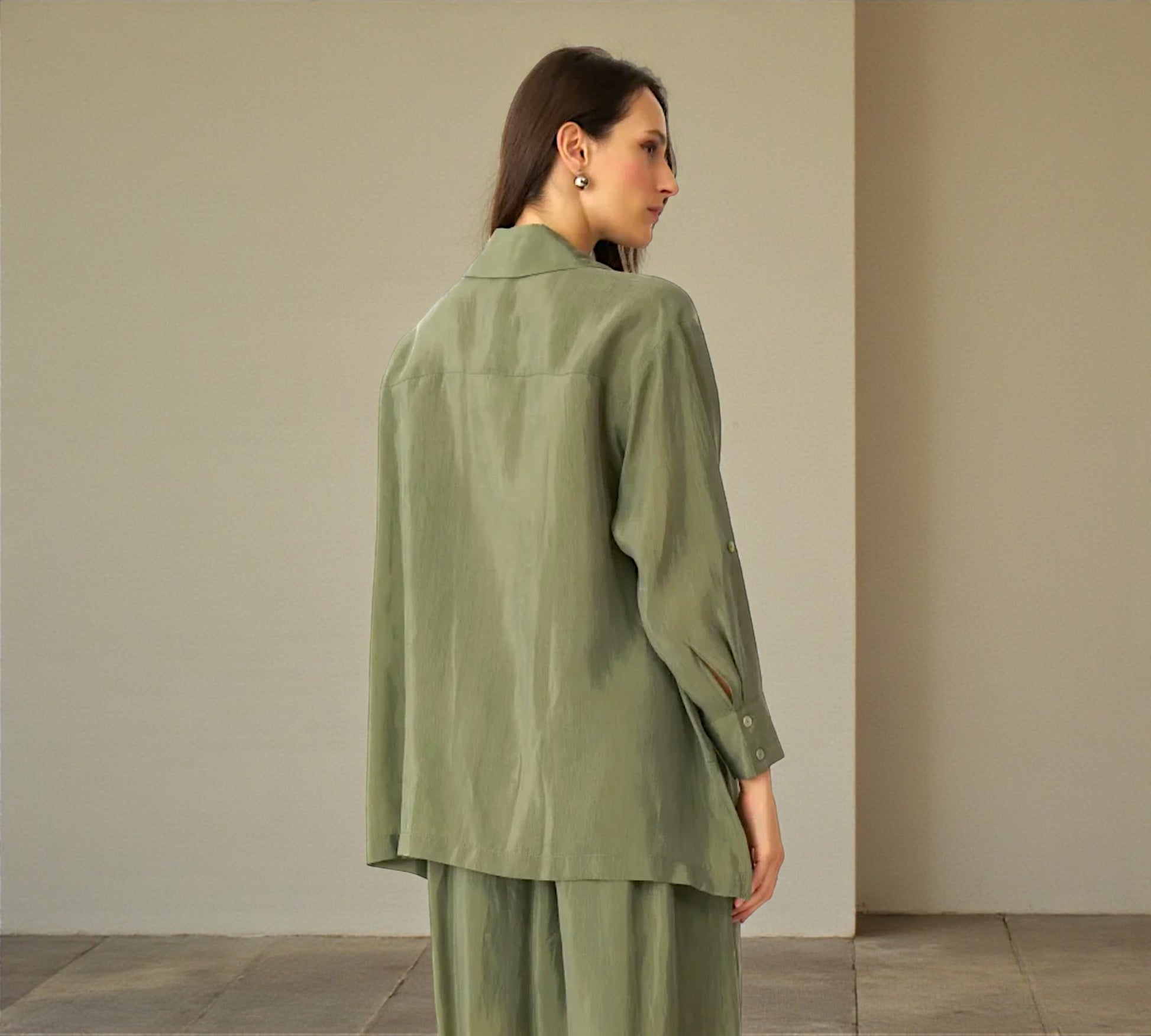 Bize Sage Green Oversized Shirt with Artistic Pocket Detail - Above the Crowd Boutique