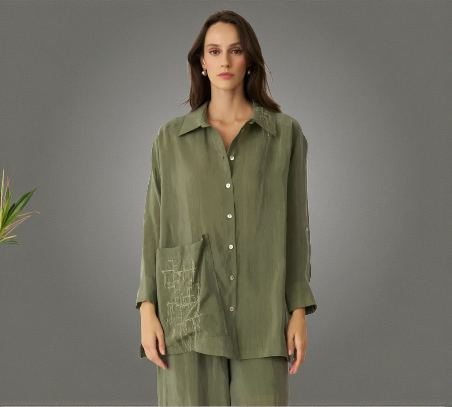 Bize Sage Green Oversized Shirt with Artistic Pocket Detail - Above the Crowd Boutique