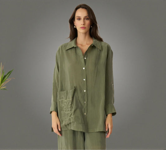 Bize Sage Green Oversized Shirt with Artistic Pocket Detail - Above the Crowd Boutique