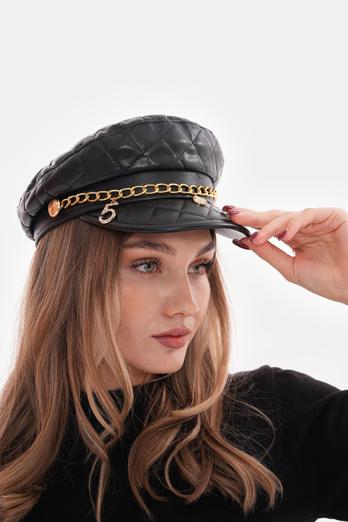 Pu Leather Quilted Cap Hat With Chain