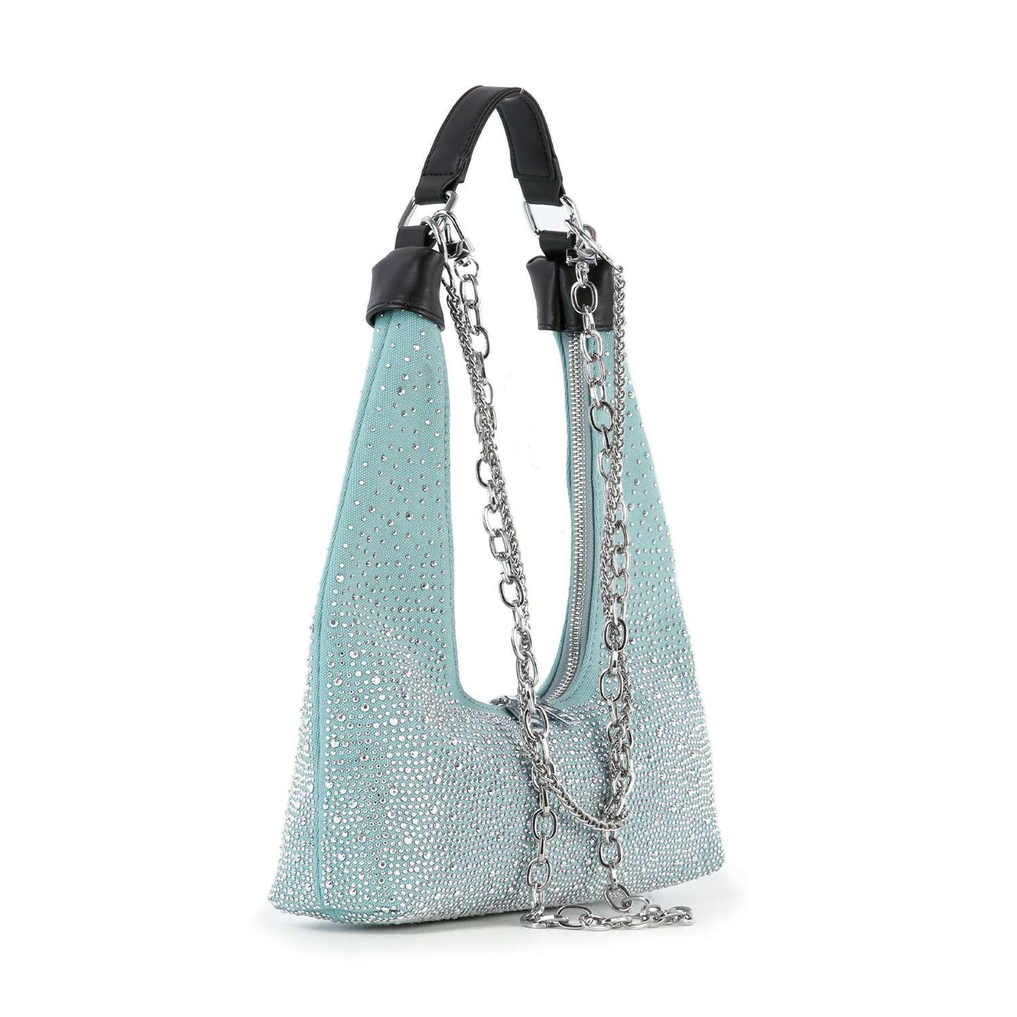 Glamorous Stone And Chain Accented Denim Shoulder Bag