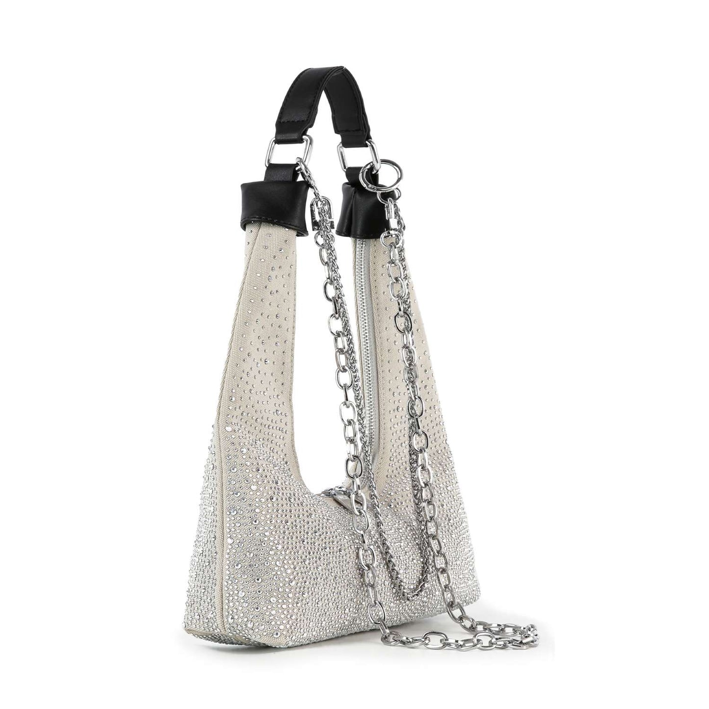 Glamorous Stone And Chain Accented Denim Shoulder Bag