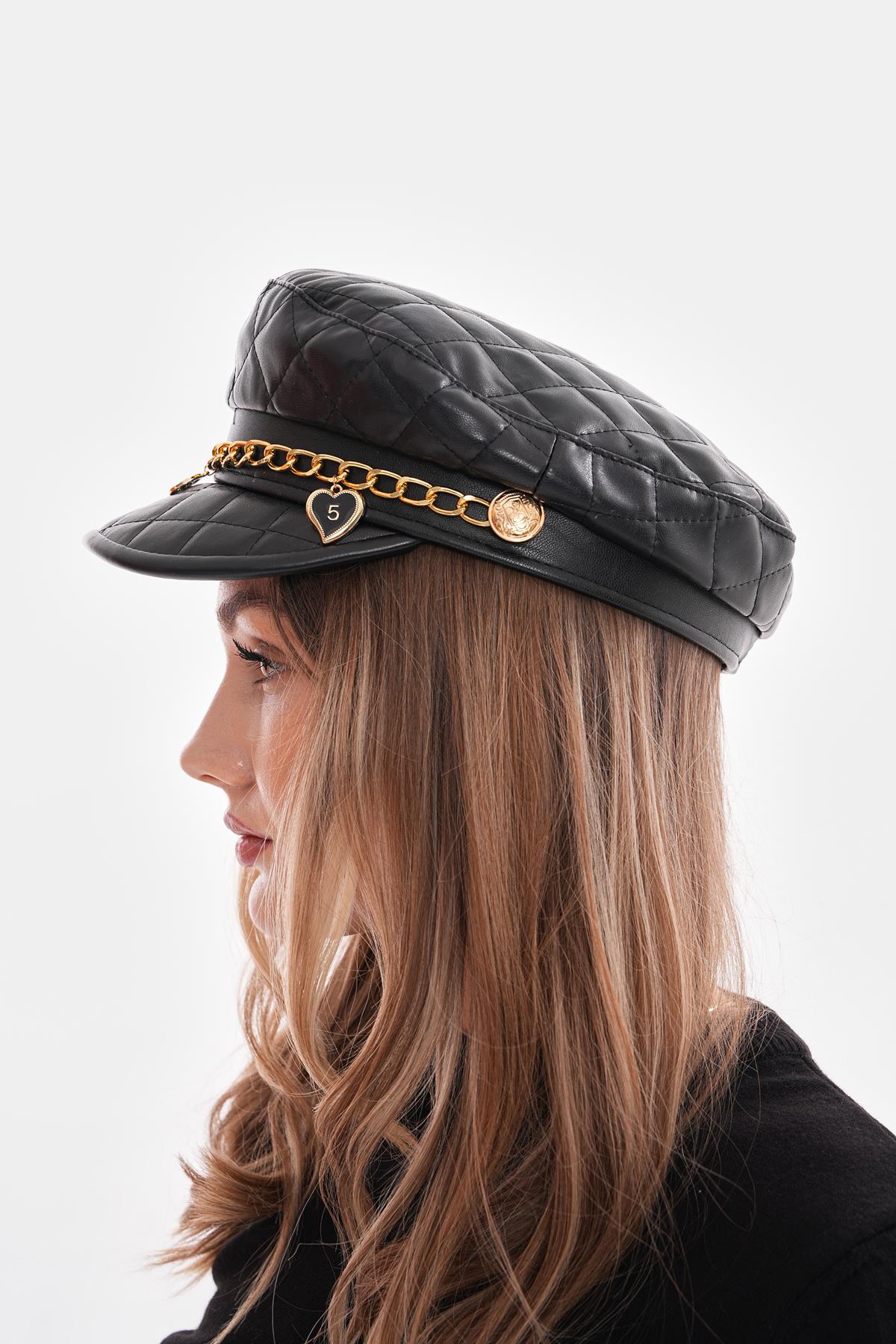 Pu Leather Quilted Cap Hat With Chain