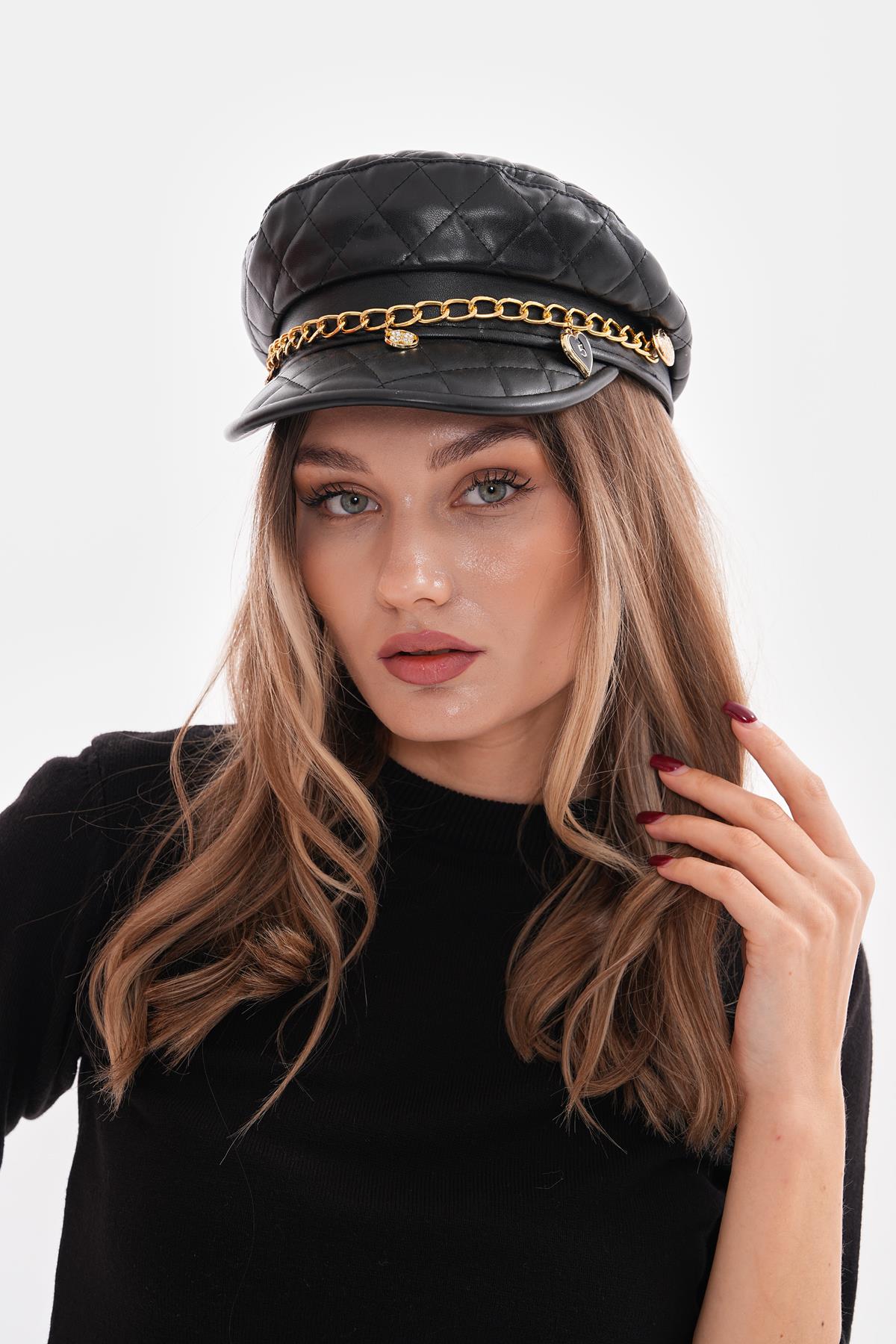 Pu Leather Quilted Cap Hat With Chain