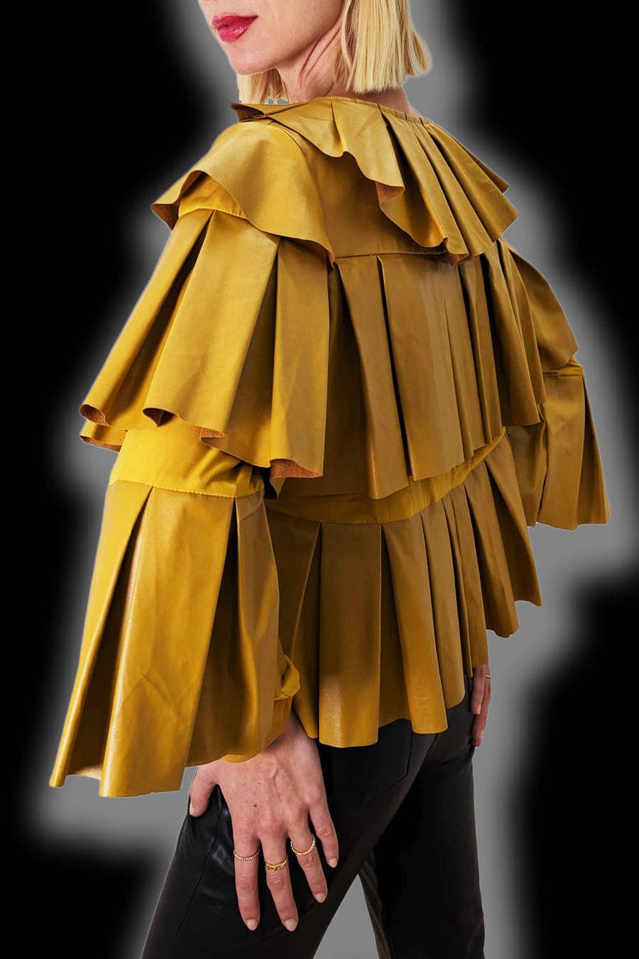 Statement Pleated Faux Leather Jacket – Mustard Gold - Above the Crowd Boutique