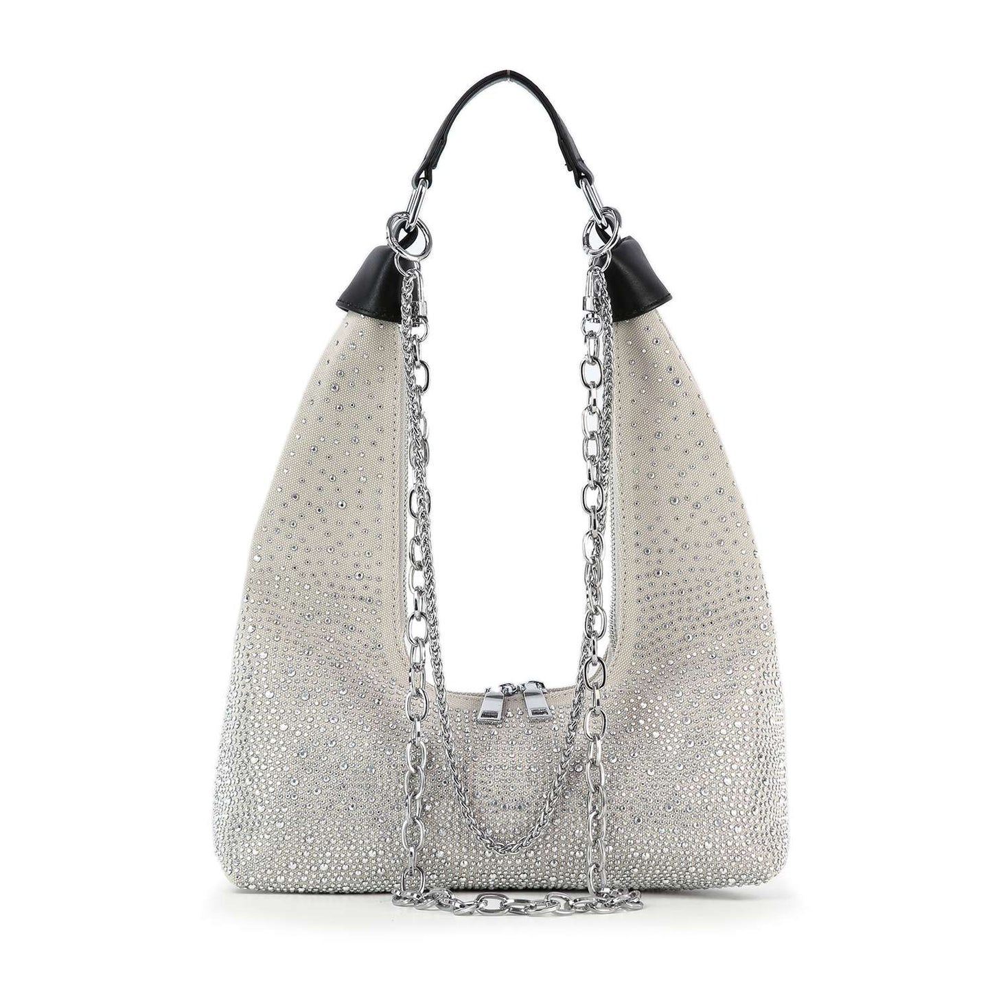 Glamorous Stone And Chain Accented Denim Shoulder Bag