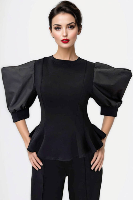 Structured Peplum Top with Statement Puff Sleeves - Above the Crowd Boutique