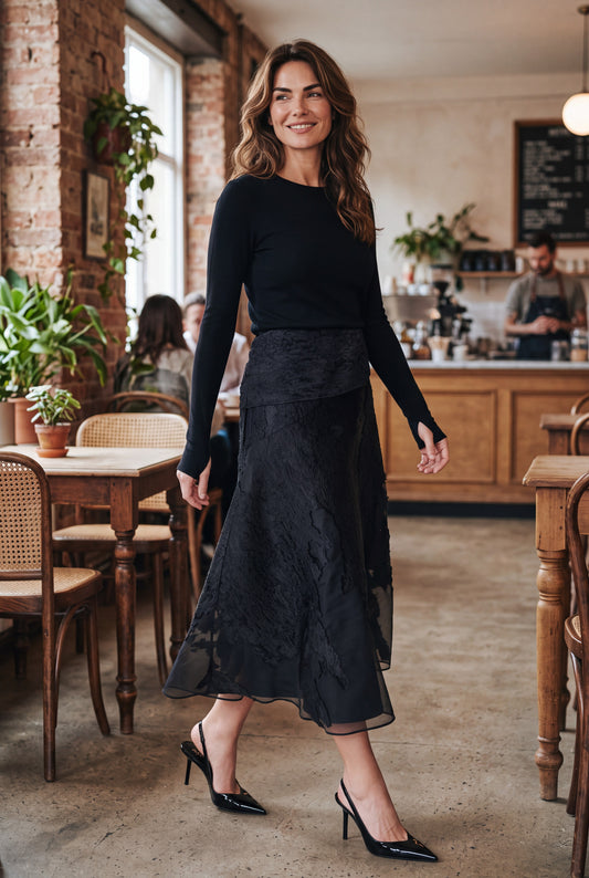 Black Textured Lace & Sheer Organza Midi Skirt -Above the Crowd Boutique