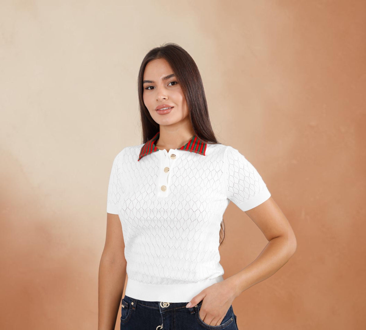 Contrast Stripe Collar Pointelle Knit Polo Shirt - Above the Crowd Boutique
