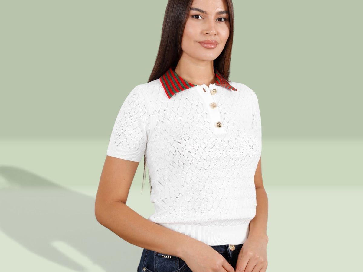 Contrast Stripe Collar Pointelle Knit Polo Shirt - Above the Crowd Boutique