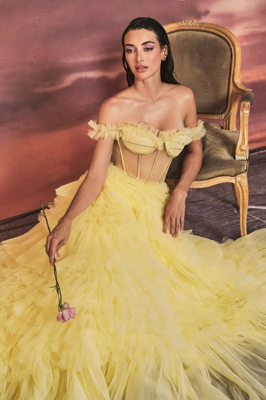 Andrea and Leo Rhinestone Corset Ruffle Gown Andrea&Leo