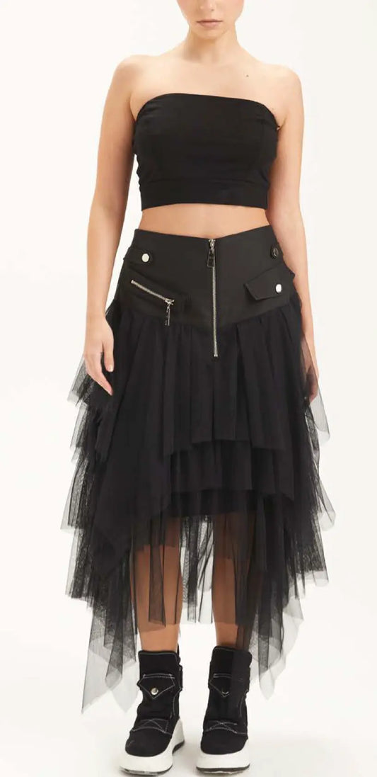Asymmetrical Layered Mesh Midi Skirt - Edgy Elegant Style H-4