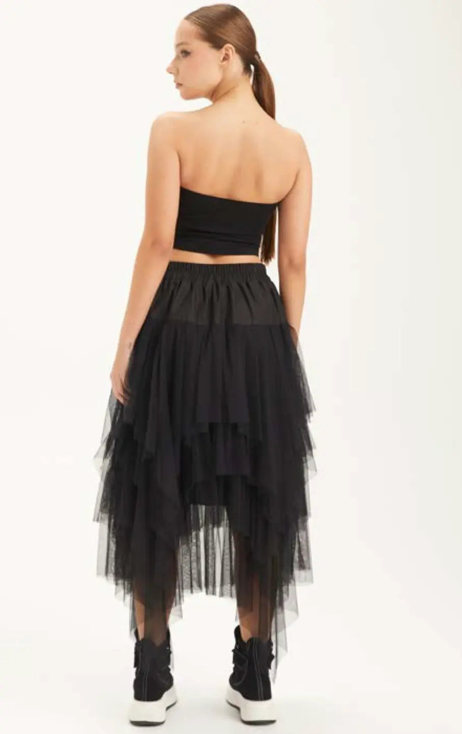Asymmetrical Layered Mesh Midi Skirt - Edgy Elegant Style H-4