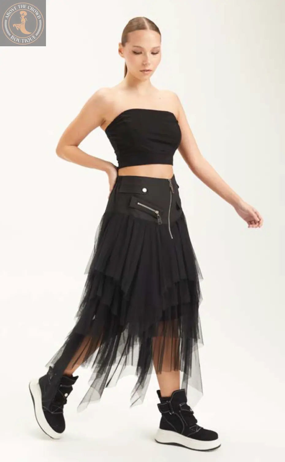 Asymmetrical Layered Mesh Midi Skirt - Edgy Elegant Style H-4