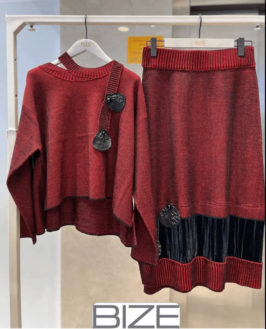 BIZE European Knit Sweater & Pleated Velvet Skirt Set - Maroon Asymmetric Style Bize