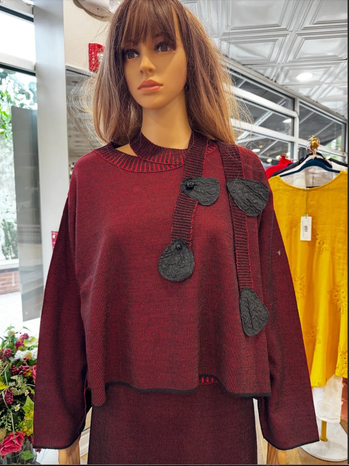 BIZE European Knit Sweater & Pleated Velvet Skirt Set - Maroon Asymmetric Style Bize
