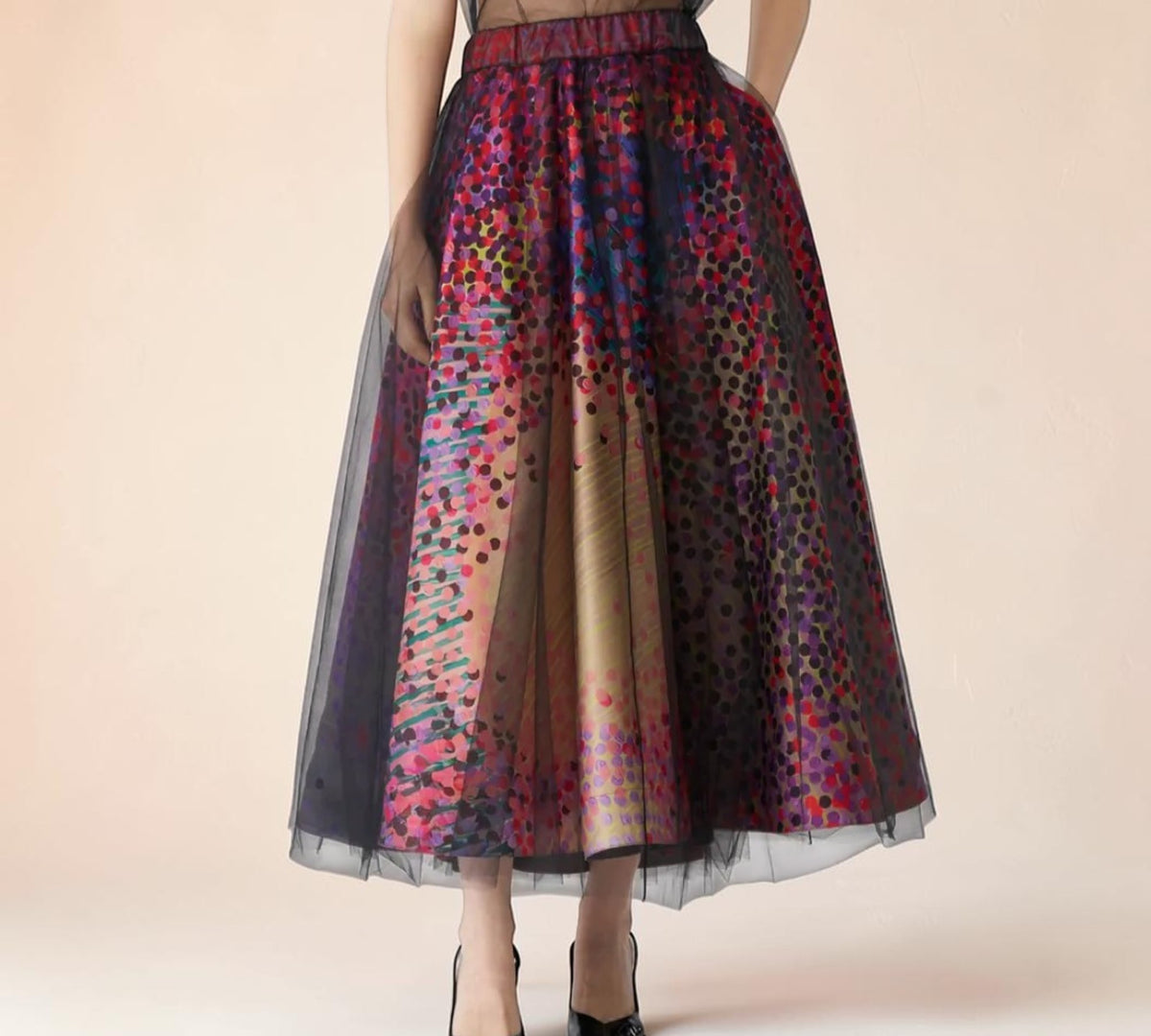 Artistic Dot Print Blouse And Tulle Midi Skirt Two-Piece Suit - Above the Crowd Boutique