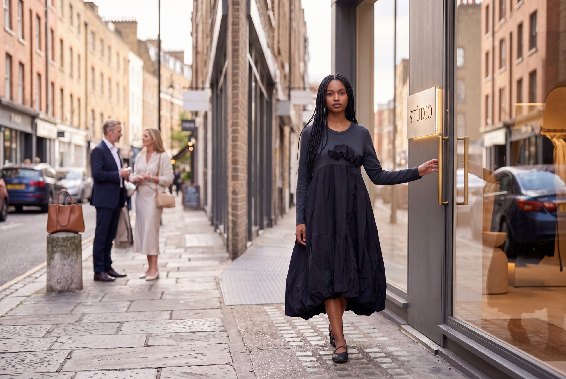 Navy Mixed-Media Bubble Hem Midi Dress with Floral Appliqué - Above the Crowd Boutique