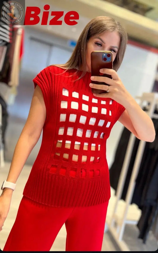 Bize European Red Cut-Out Knit Top: Define Your Style with Unique Ribbed Elegance Bize