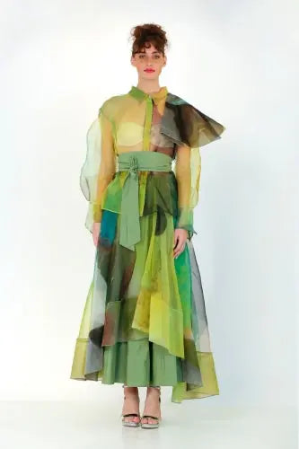 Bize Patterned Tulle Taffeta Green Skirt BZE5075 Bize