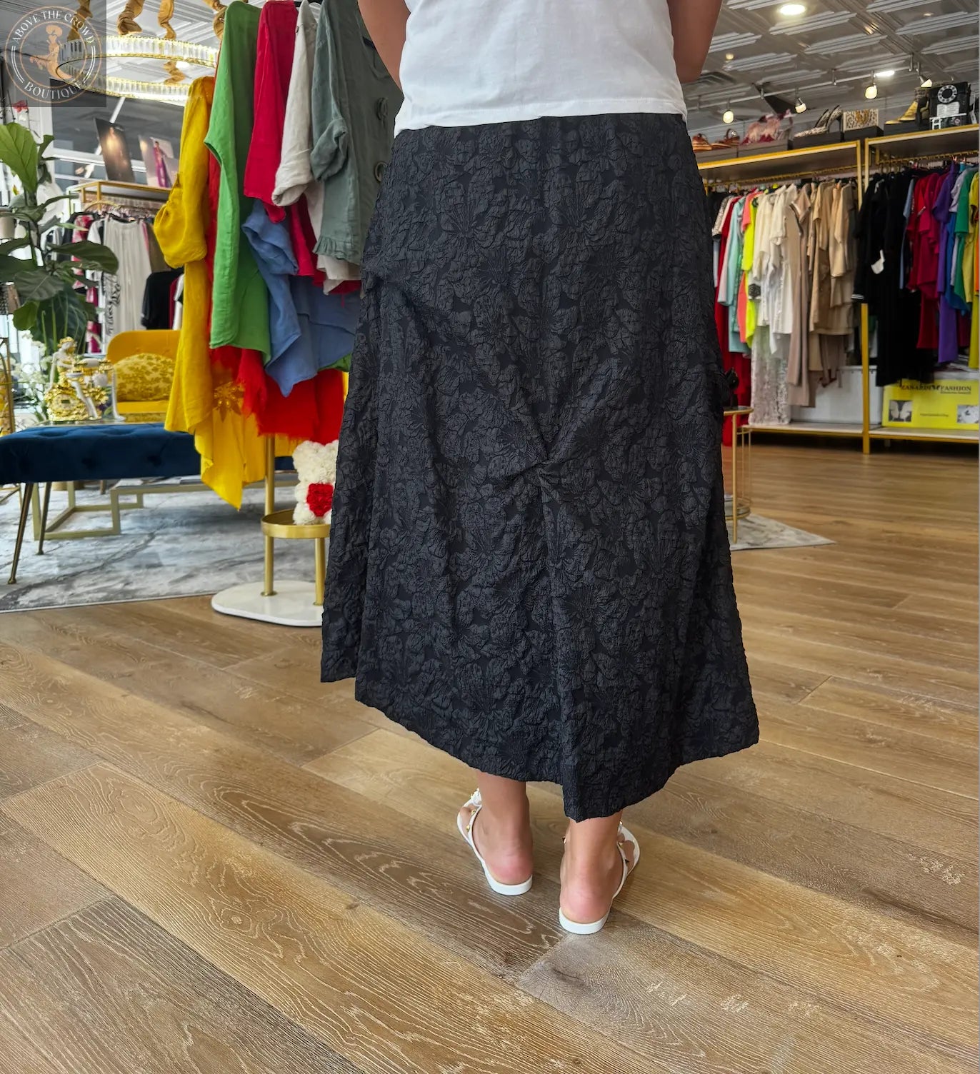 Black Textured Maxi Skirt with Floral Accents - Elegant European Style | Above The Crowd Boutique Karma