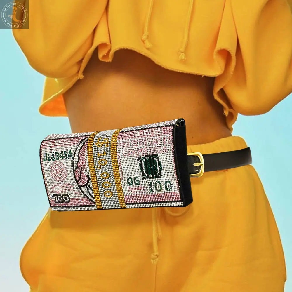 Bling Rhinestone Money Roll Fanny Pack – 3-in-1 Belt, Clutch & Crossbody Sensibling Corp.