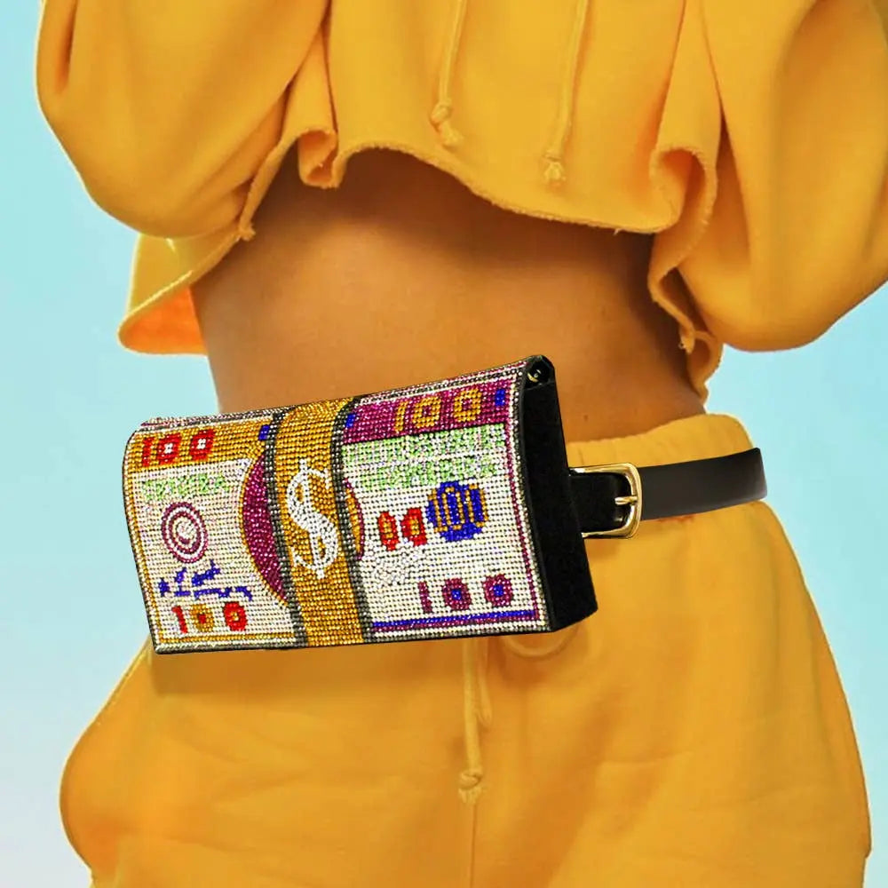 Bling Rhinestone Money Roll Fanny Pack – 3-in-1 Belt, Clutch & Crossbody Sensibling Corp.