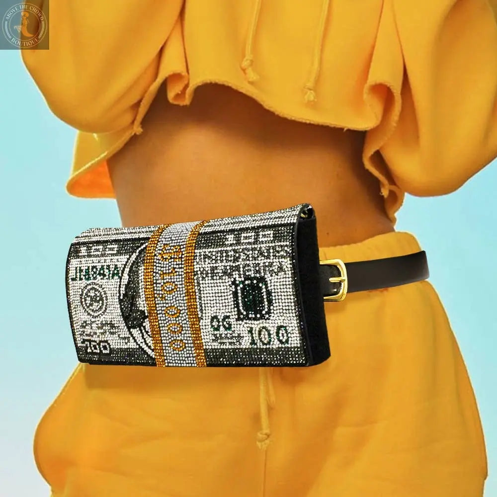 Bling Rhinestone Money Roll Fanny Pack – 3-in-1 Belt, Clutch & Crossbody Sensibling Corp.