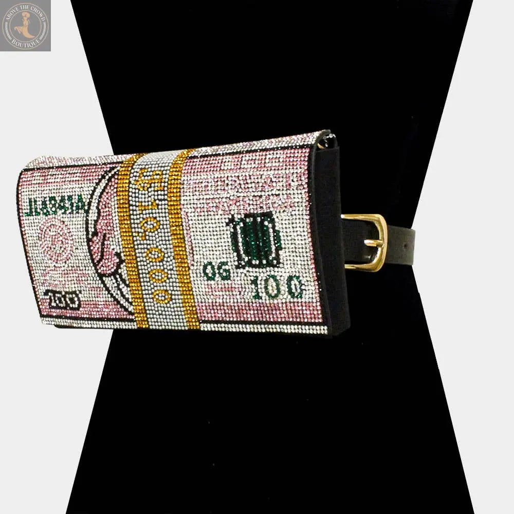 Bling Rhinestone Money Roll Fanny Pack – 3-in-1 Belt, Clutch & Crossbody Sensibling Corp.