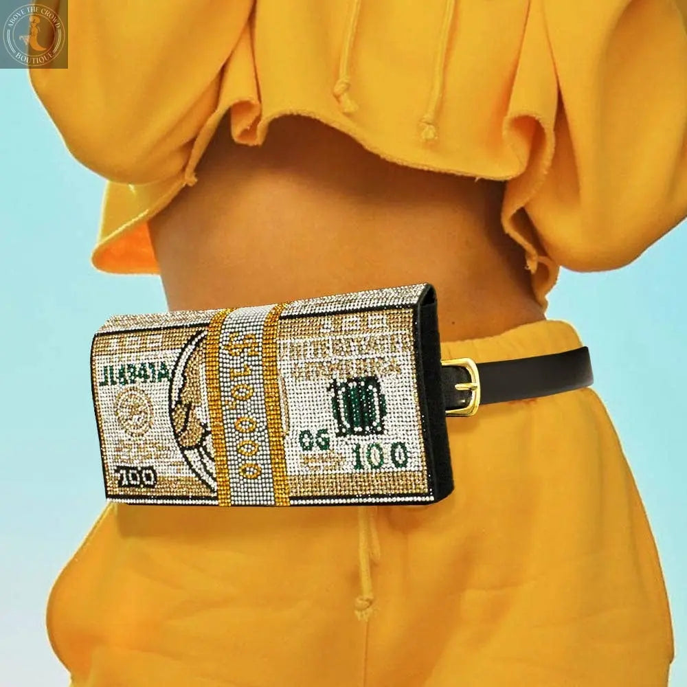 Bling Rhinestone Money Roll Fanny Pack – 3-in-1 Belt, Clutch & Crossbody Sensibling Corp.