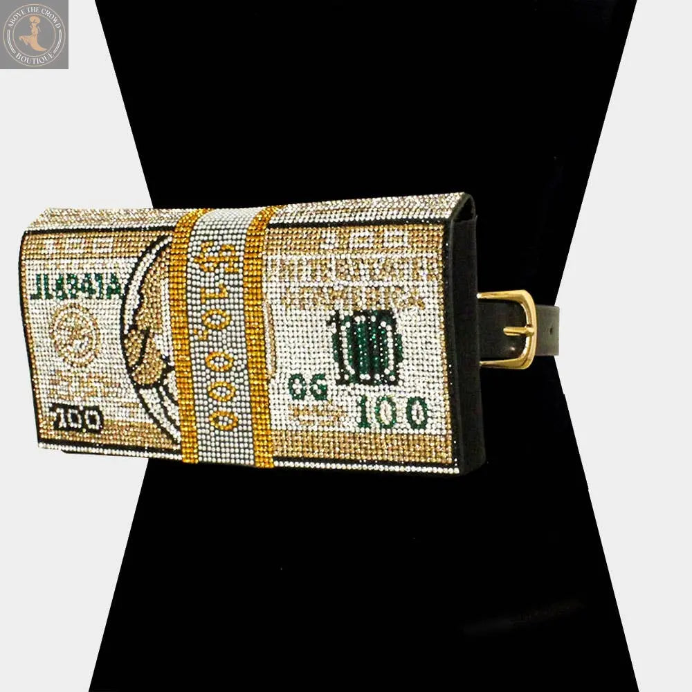 Bling Rhinestone Money Roll Fanny Pack – 3-in-1 Belt, Clutch & Crossbody Sensibling Corp.