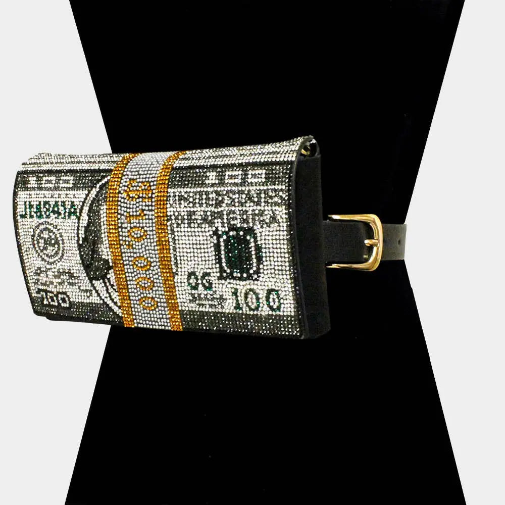 Bling Rhinestone Money Roll Fanny Pack – 3-in-1 Belt, Clutch & Crossbody Sensibling Corp.