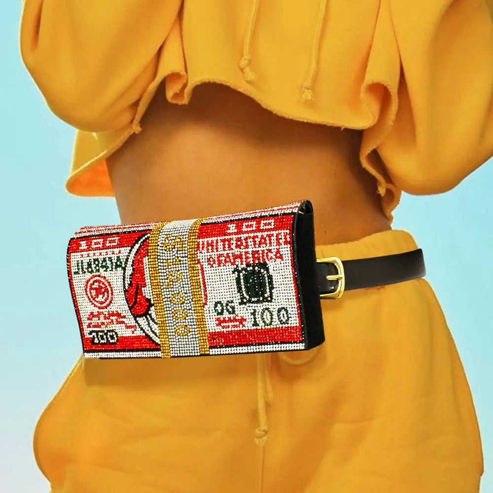 Bling Rhinestone Money Roll Fanny Pack – 3-in-1 Belt, Clutch & Crossbody Sensibling Corp.
