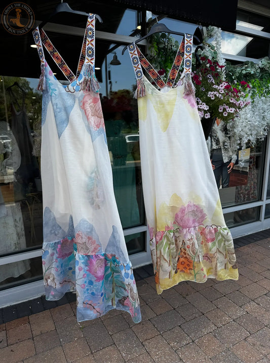Bohemian Maxi Dress - Artisan Embroidered Straps, Floral Print - Above The Crowd Boutique Karma