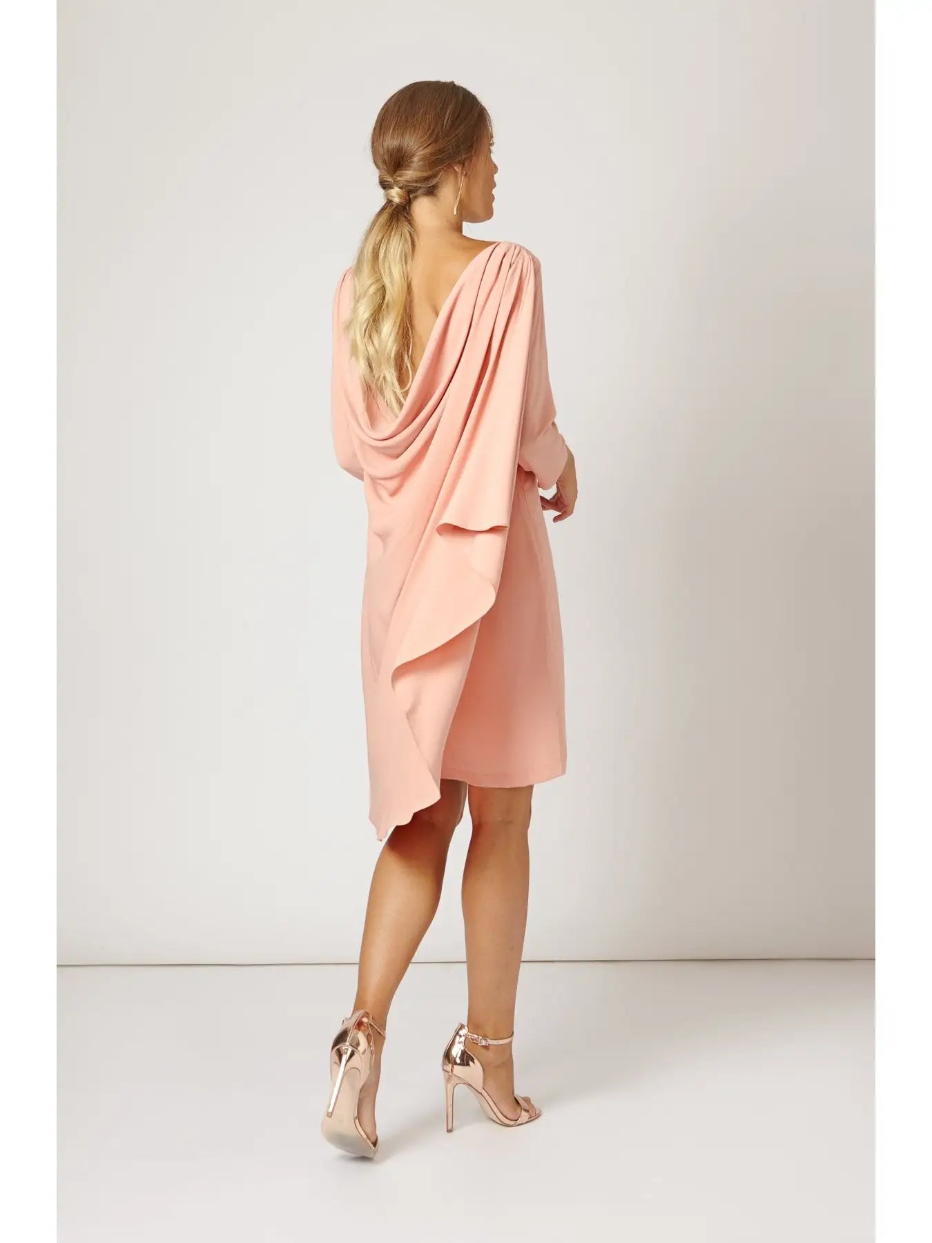 short crepe dress Express Women's Crepe Crew Neck Seamed Mini Fit And Flare Dress With Pockets in Pink Large