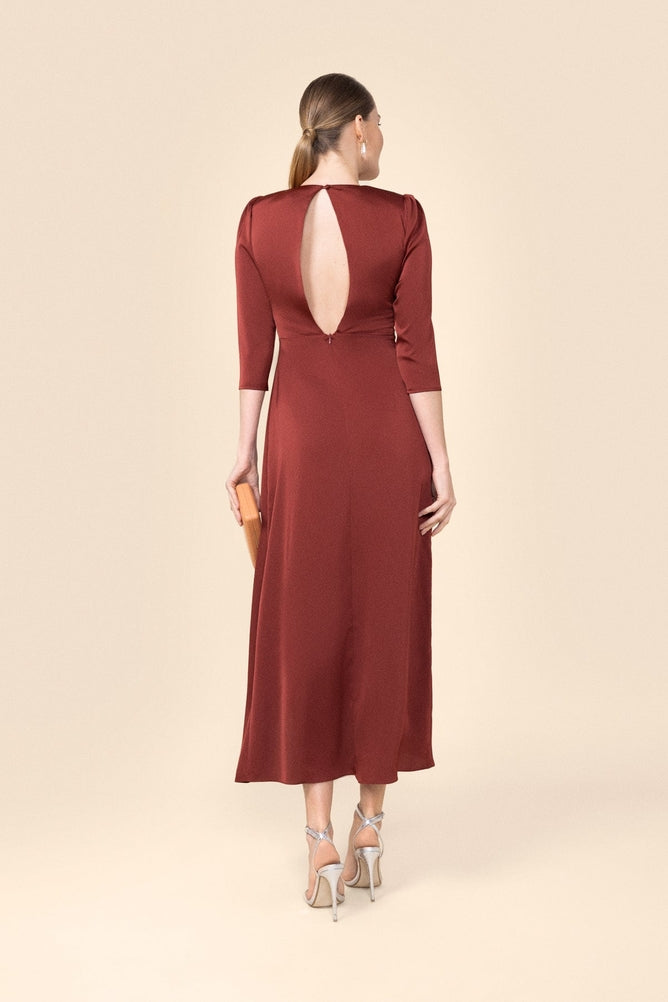 Bruna Natasha Praline Midi Dress - Crepe Satin Party Dress with French Sleeves Bruna