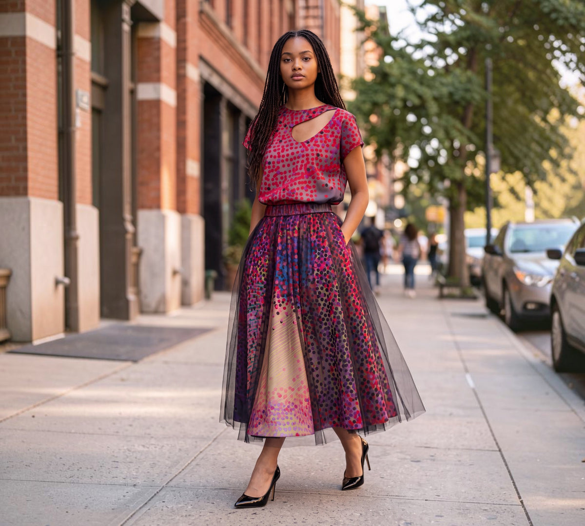 Artistic Dot Print Blouse And Tulle Midi Skirt Two-Piece Suit - Above the Crowd Boutique