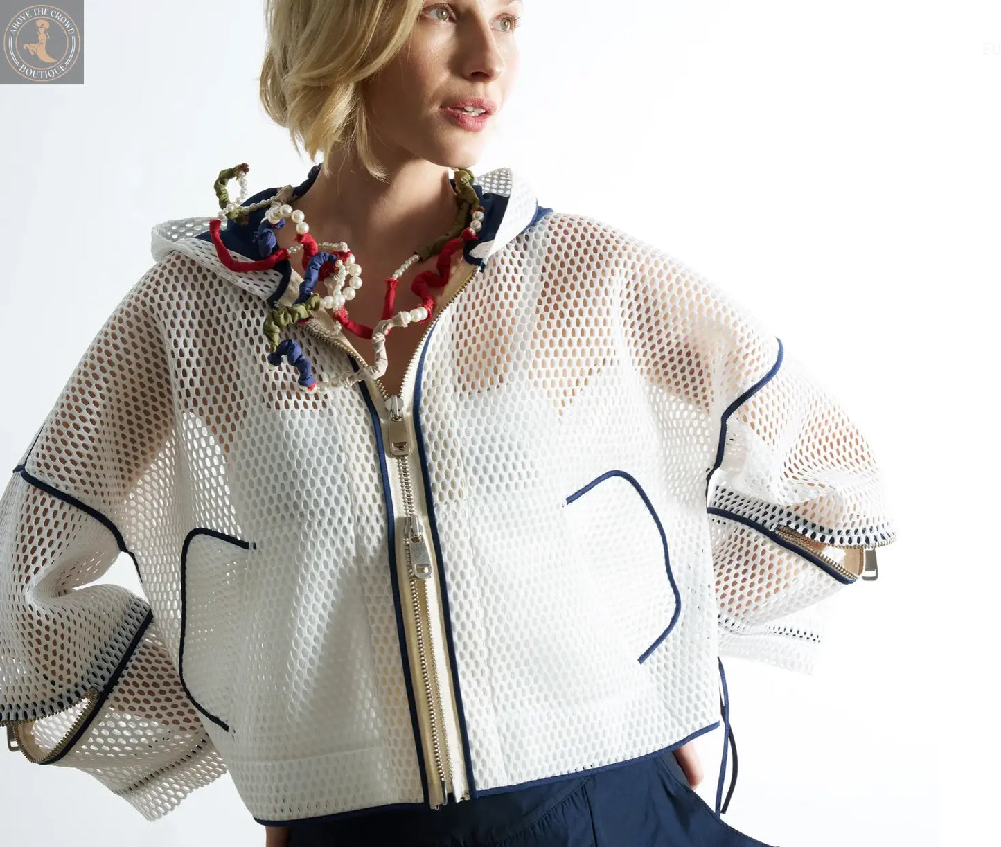 Chic European Cropped Mesh Hoodie with Navy & Floral Accents – Unique & Lightweight Bize