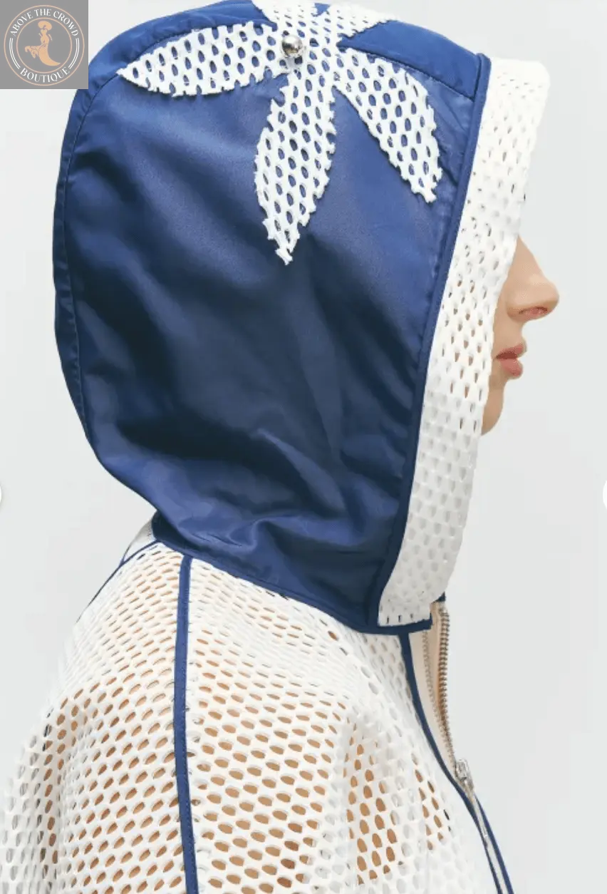 Chic European Cropped Mesh Hoodie with Navy & Floral Accents – Unique & Lightweight Bize