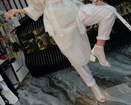 Chic White Mesh Overlay Pants for Women – Unique European Style with Adjustable Waist Bize
