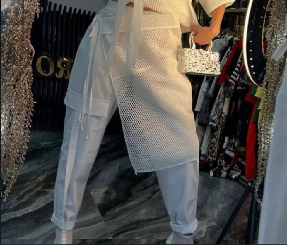 Chic White Mesh Overlay Pants for Women – Unique European Style with Adjustable Waist Bize