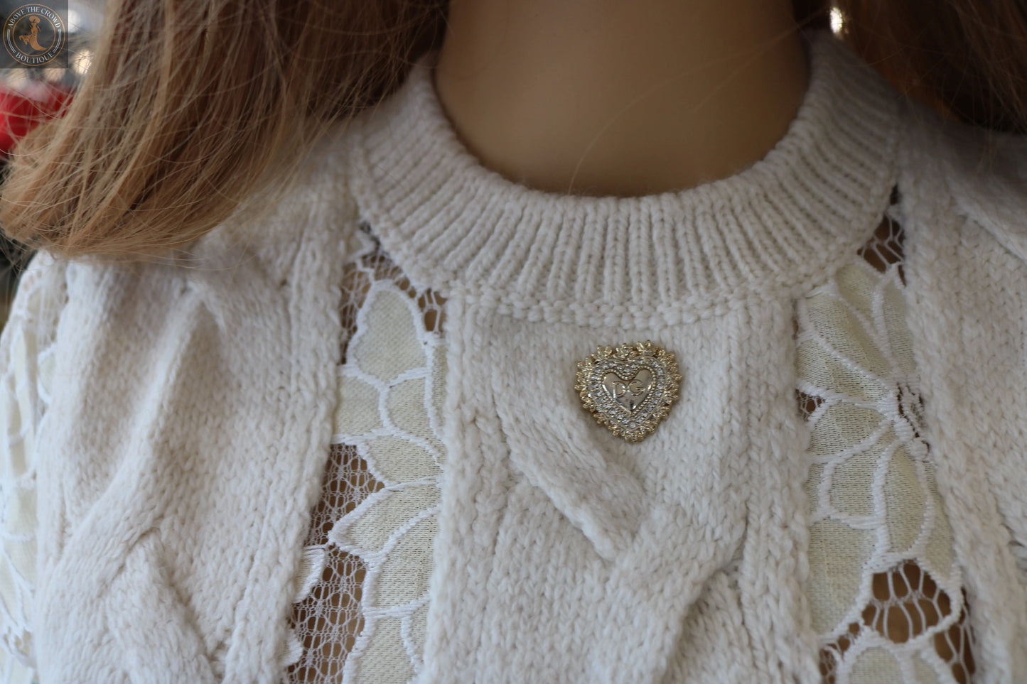 Crochet Lace Sweater with Heart Pin - European Style - Above The Crowd Boutique Nobello
