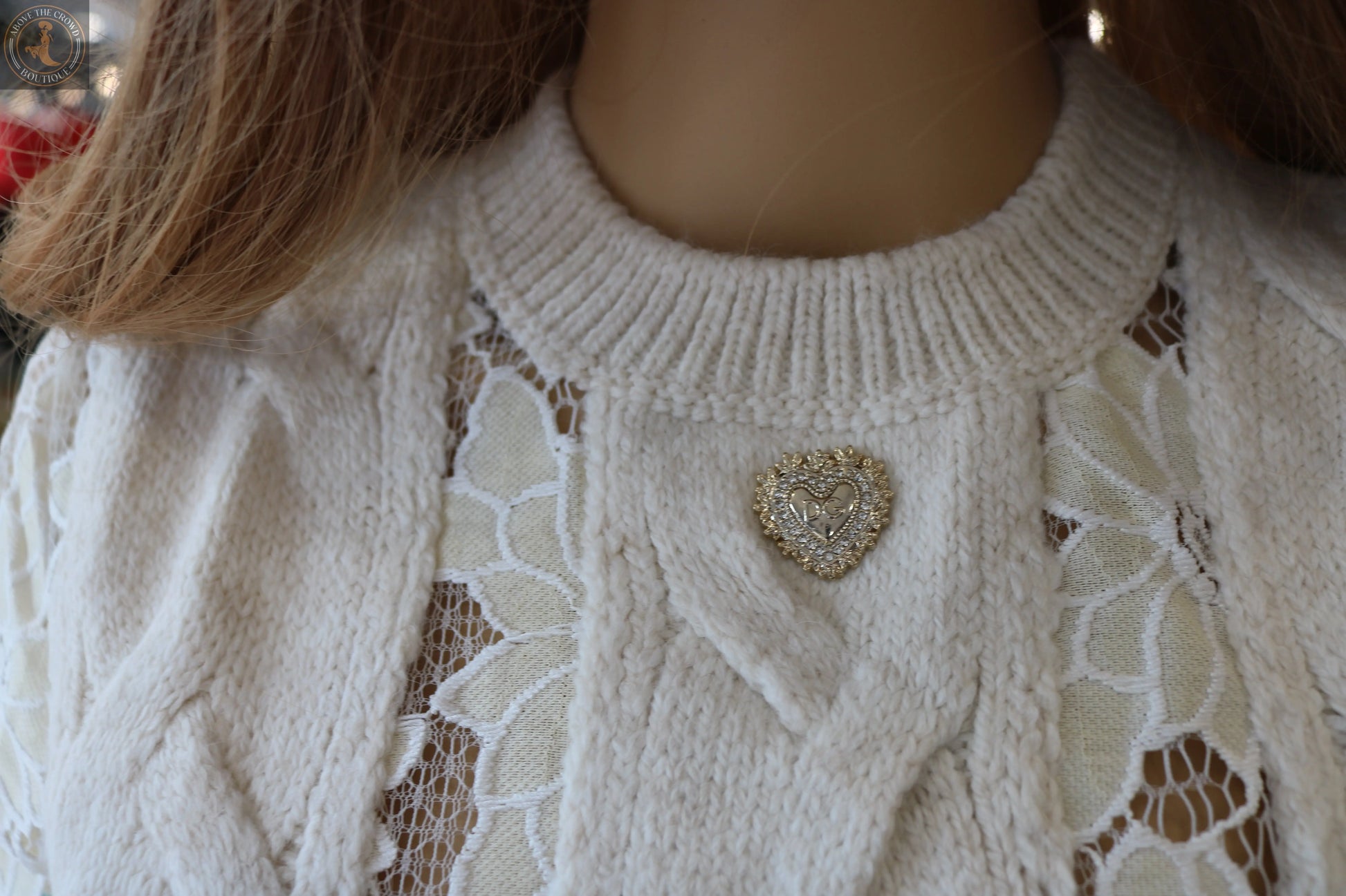 Crochet Lace Sweater with Heart Pin - European Style - Above The Crowd Boutique Nobello