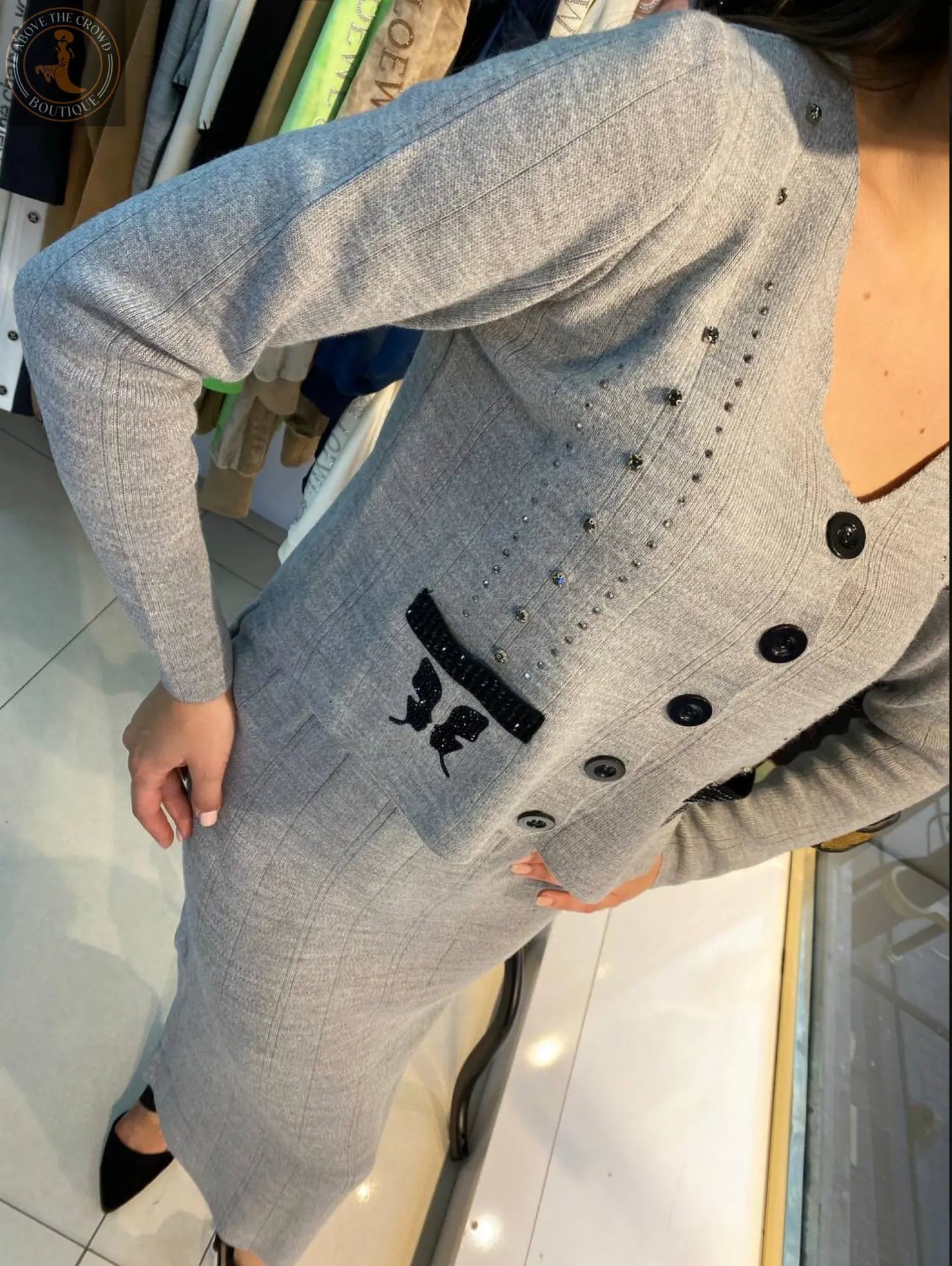 Crystal Accent Knit Skirt Suit - Above the Crowd Boutique