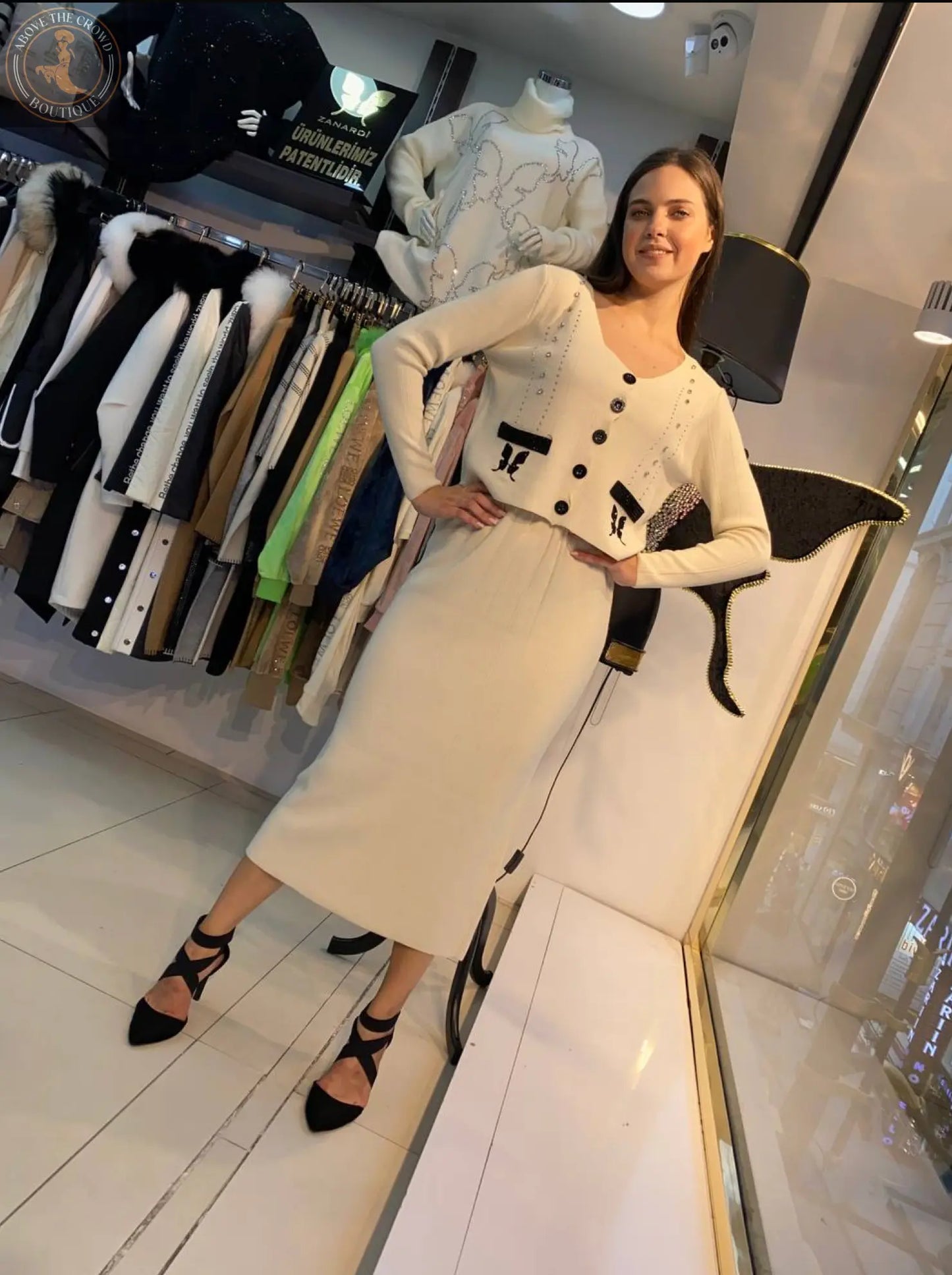 Crystal Accent Knit Skirt Suit - Above the Crowd Boutique