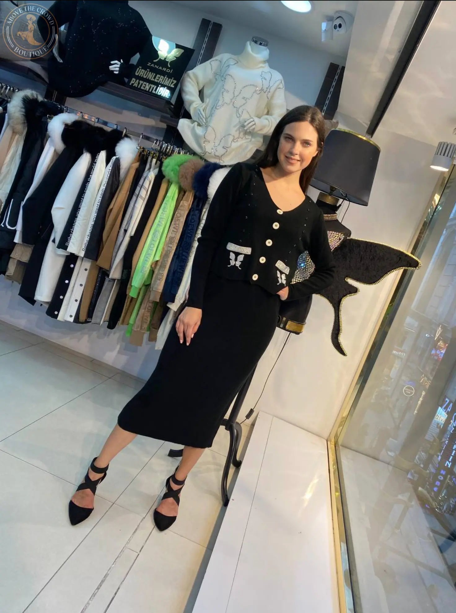 Crystal Accent Knit Skirt Suit - Above the Crowd Boutique