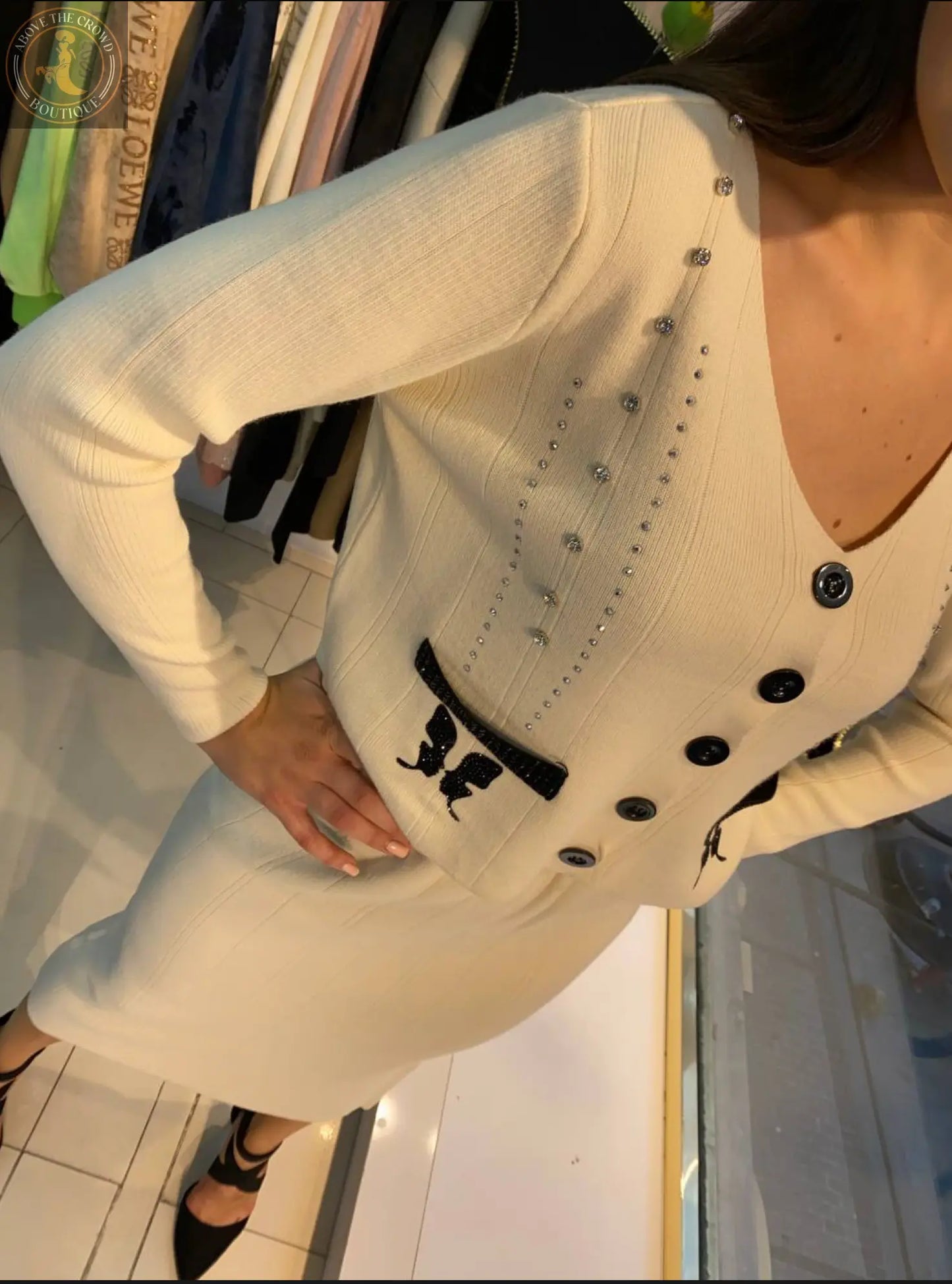 Crystal Accent Knit Skirt Suit - Above the Crowd Boutique